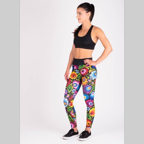 NWT fitness women woman leggings sport folklore flowers long Polish Polska new - Picture 4 of 8